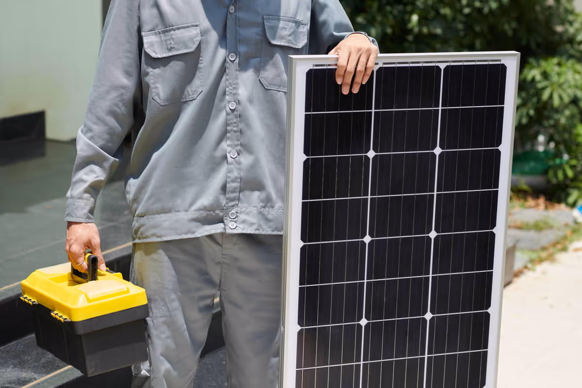 Technicien intervenant sur des panneaux solaires en toiture